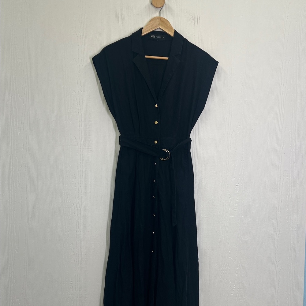 Zara - Black Linen Blend Short Sleeve Golden Button Belted Maxi Dress Size Small - Picture 8 of 10